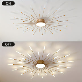 Two-angle view showing the sputnik ceiling light for bedroom in both lit and unlit modes with a gold starburst frame