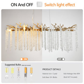 Lighting effect of a branch-style chandelier with crystal strands, shown in on and off modes with recommended G9 bulbs