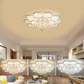 Petal-shaped ceiling light with crystal accents, shown in a bright interior featuring soft furniture and three adjustable glow options