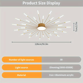 Overview of dimensions and features for a sputnik ceiling light for bedroom including slim profile and 30 light points