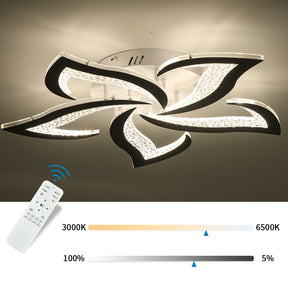 Five-petal flower-shaped ceiling fixture with adjustable brightness and color temperature, featuring built-in LED lighting and remote control