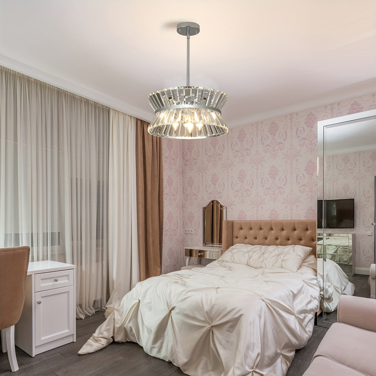 Elegant semi flush crystal chandelier mounted in a modern bedroom with tufted headboard and soft ambient lighting, ideal for luxurious interior decor