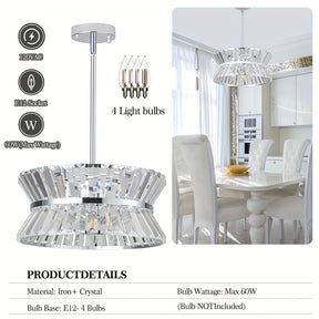 Semi flush crystal chandelier with E12 base for 4 bulbs, shown with technical specs and installed in a luxurious dining room with white furniture