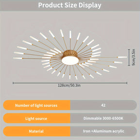 Measurement and specs of the gold sputnik flush mount ceiling light with 42 light sources, dimmable lighting, and iron aluminum acrylic build