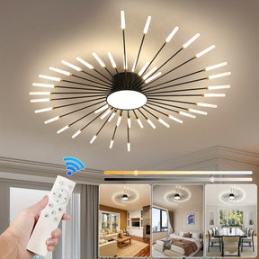 Black sputnik flush mount ceiling light with remote-controlled dimming and three adjustable color tones, shown in bedroom, living, and dining room settings
