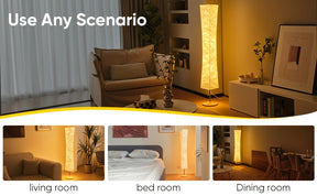 Floor lamp demonstrated for use in various scenarios, including living room, bedroom, and dining room settings