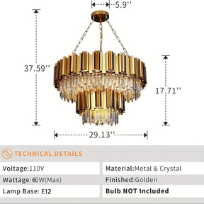 Detailed view of the Walt 17-light golden crystal chandelier, highlighting its dimensions and voltage, and material composition.