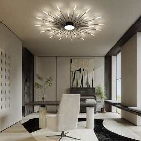 Stylish home setting with a sputnik ceiling light for bedroom above a minimalist desk, neutral chair and abstract wall art near tall windows