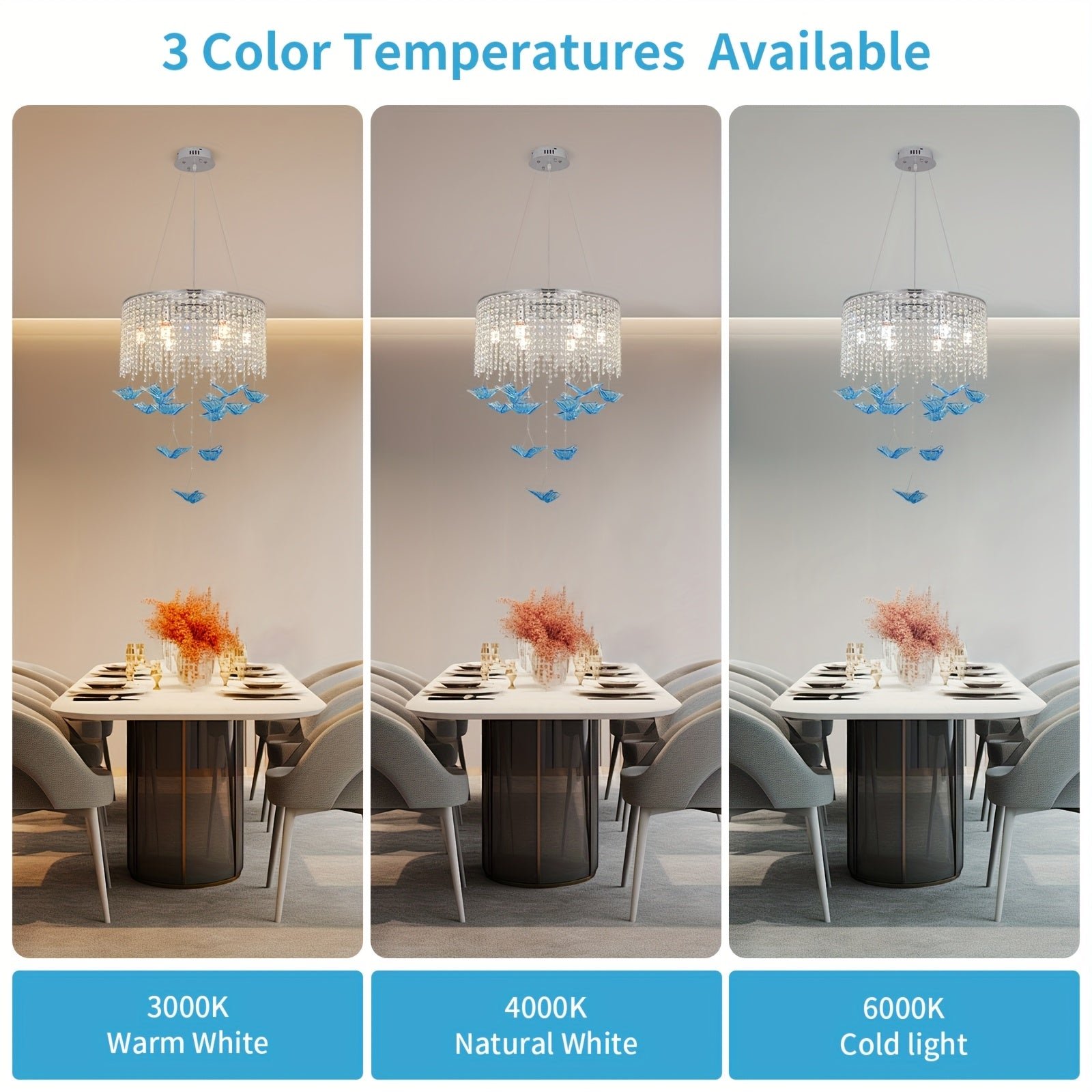 A butterfly light fixture above a dining table, offering warm white, natural white, and cold light color temperature options