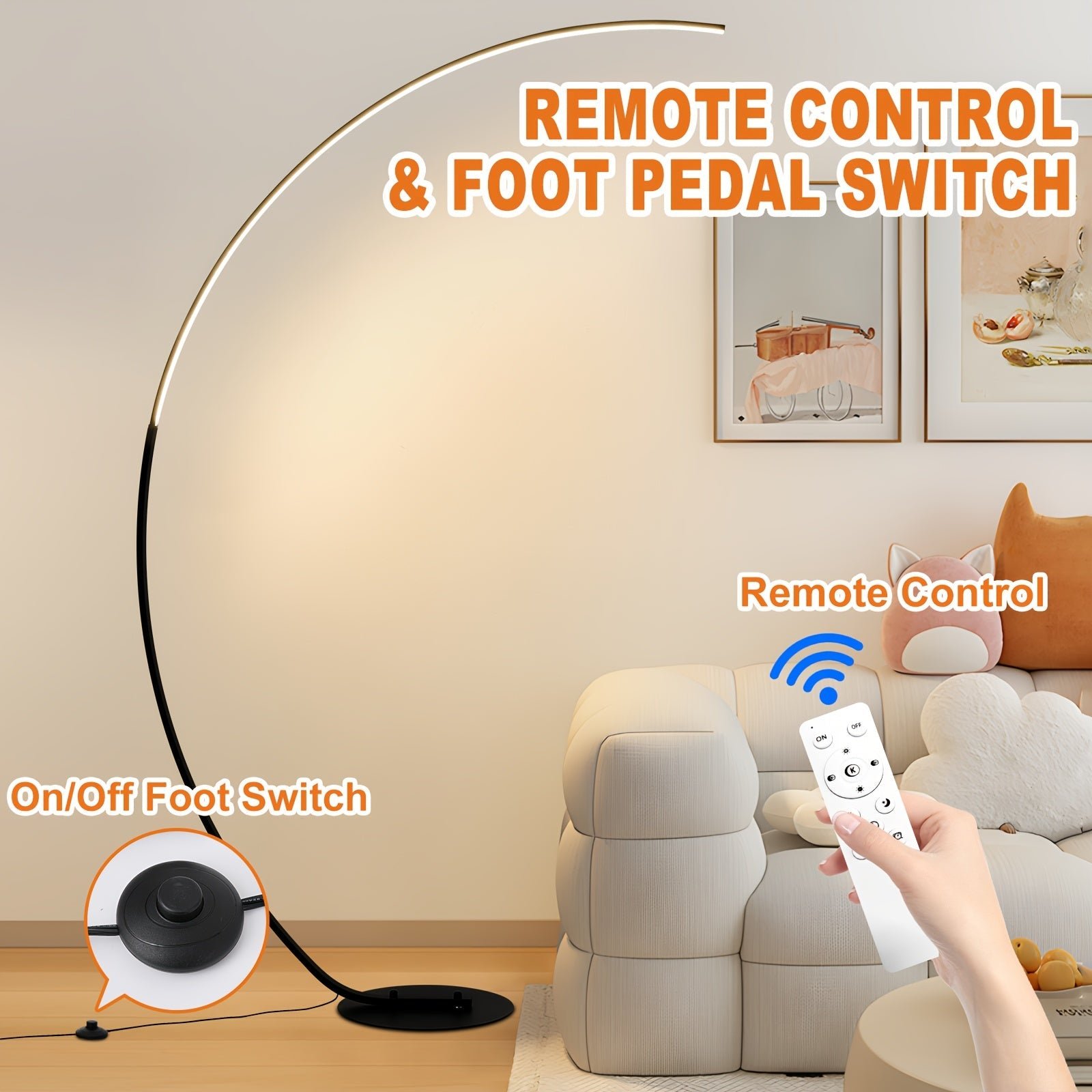 Modern arched floor lamp showcasing its dual control features: a wireless remote and a convenient on/off foot switch for easy operation.