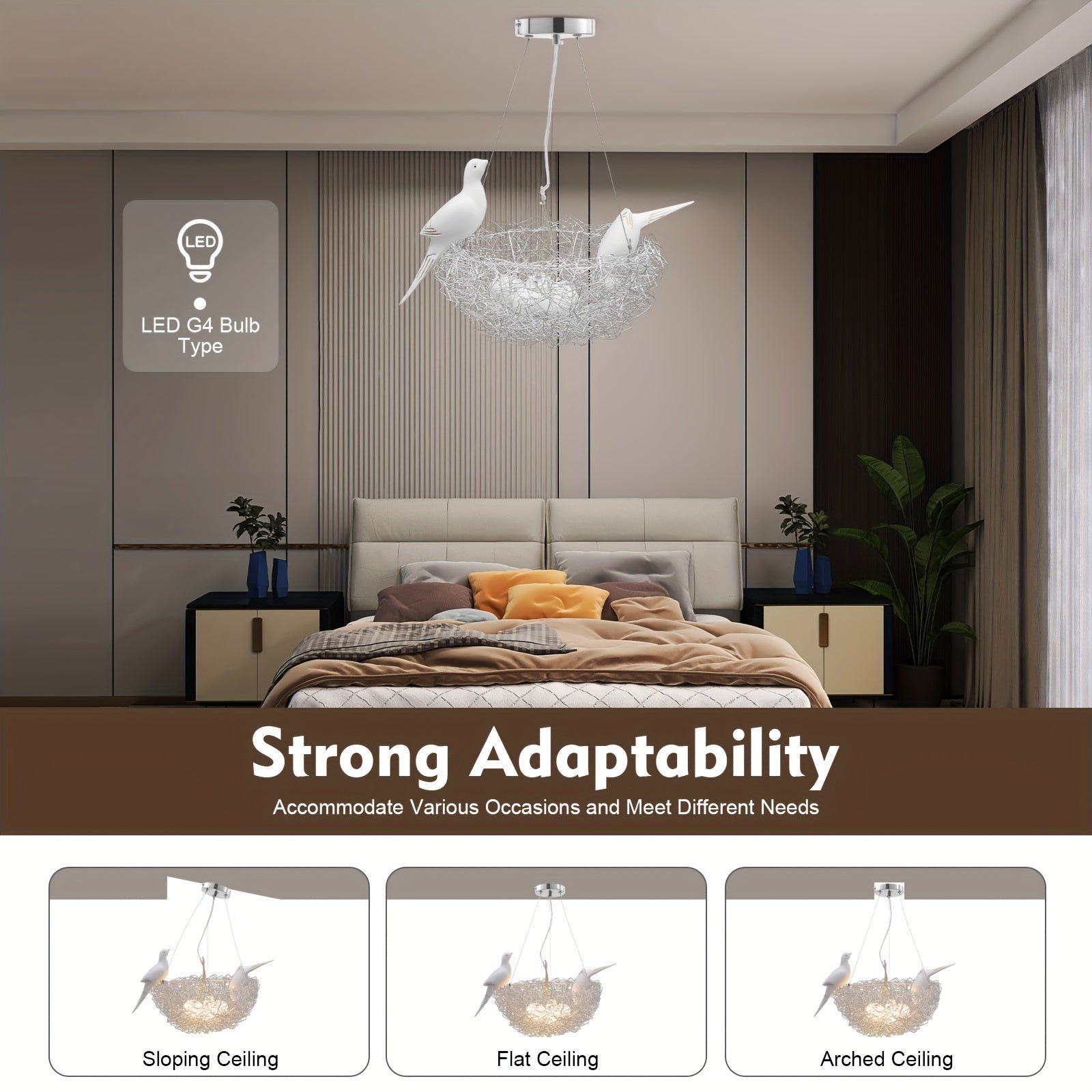 Bird nest pendant light with sculpted birds, LED G4 compatible and adaptable to flat, sloped, or arched ceilings, shown in a cozy bedroom setting