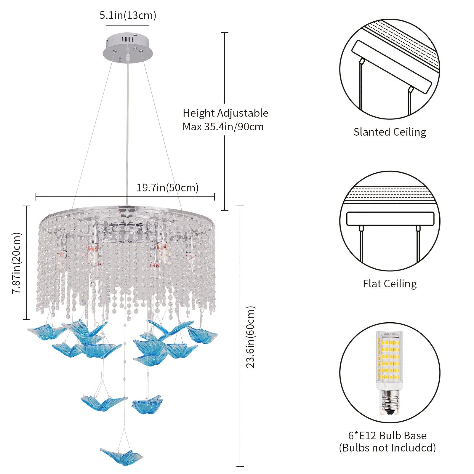 Detailed dimensions, bulb compatibility, and ceiling mounting options shown for a butterfly light fixture with adjustable height and E12 socket