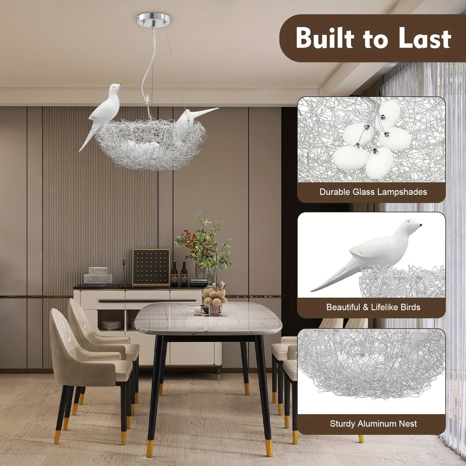 Elegant bird nest pendant light in a dining room, featuring lifelike bird details, durable glass shades, and a sturdy aluminum frame