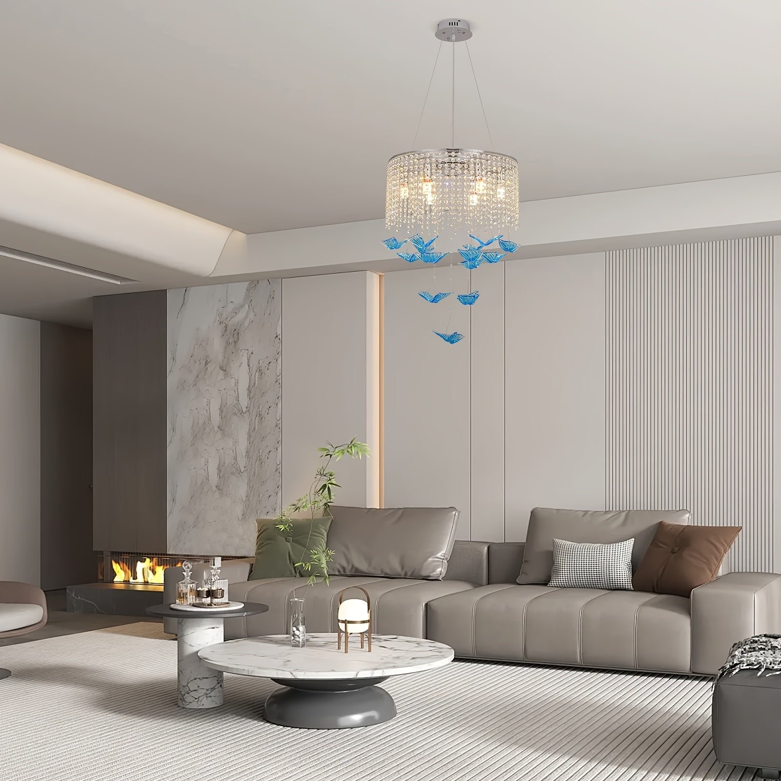 Butterfly light fixture with crystal strands and blue pendants hanging from the ceiling, adding charm and soft illumination