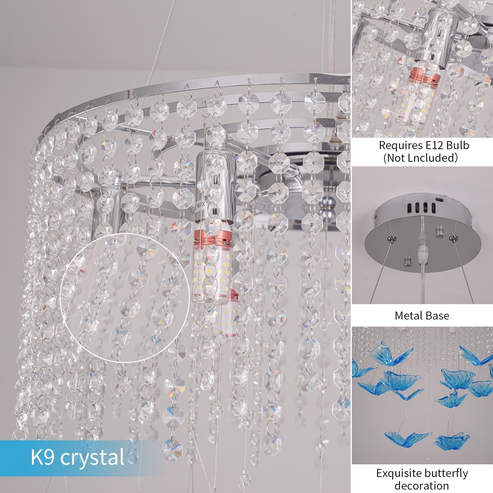 K9 crystal strands paired with a polished metal base, E12 bulb holder, and hanging blue butterfly decorations