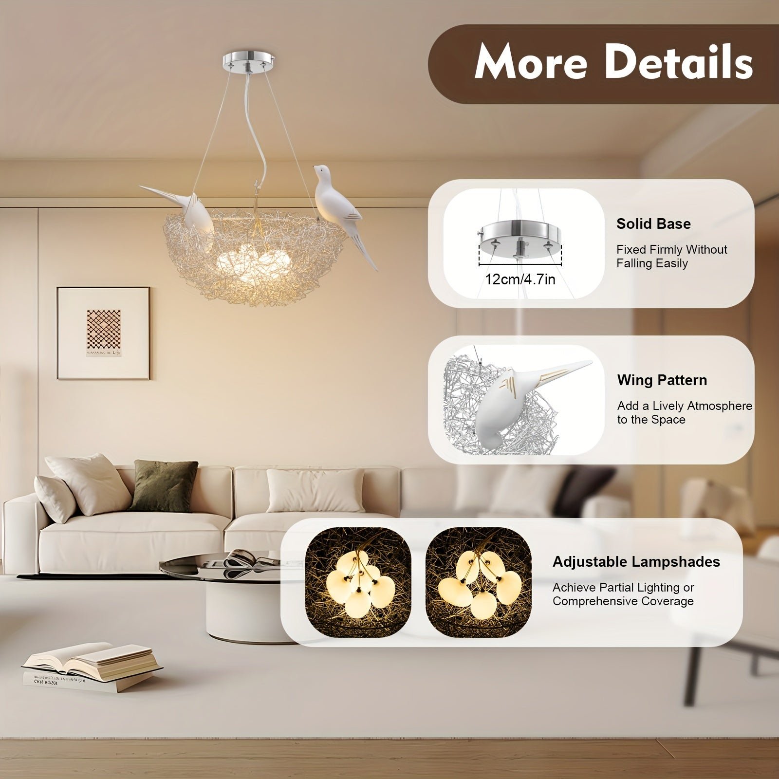 Bird nest pendant light with solid mount, wing detail, and adjustable warm lampshades shown in a modern living room