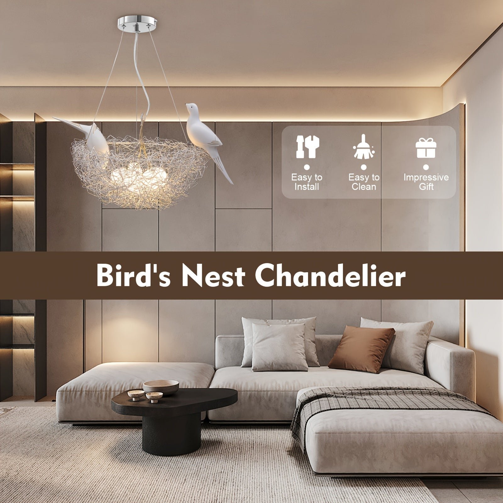 Bird’s nest-style chandelier with glowing bulbs and sculpted birds, shown in a modern living room with icons for easy install and gift appeal