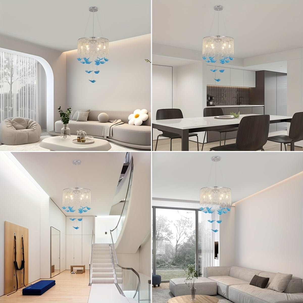 Modern spaces featuring a crystal pendant light with blue butterfly accents, installed in various rooms including lounge, dining, staircase, and sitting areas