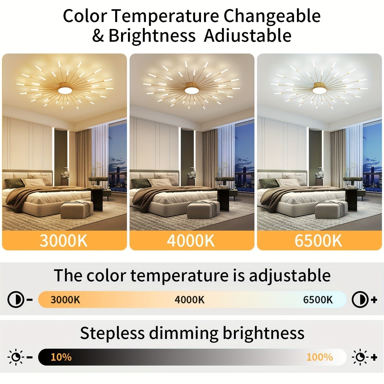 Adjustable brightness and color temperature features make the sputnik ceiling light for bedroom ideal for creating different moods throughout the day