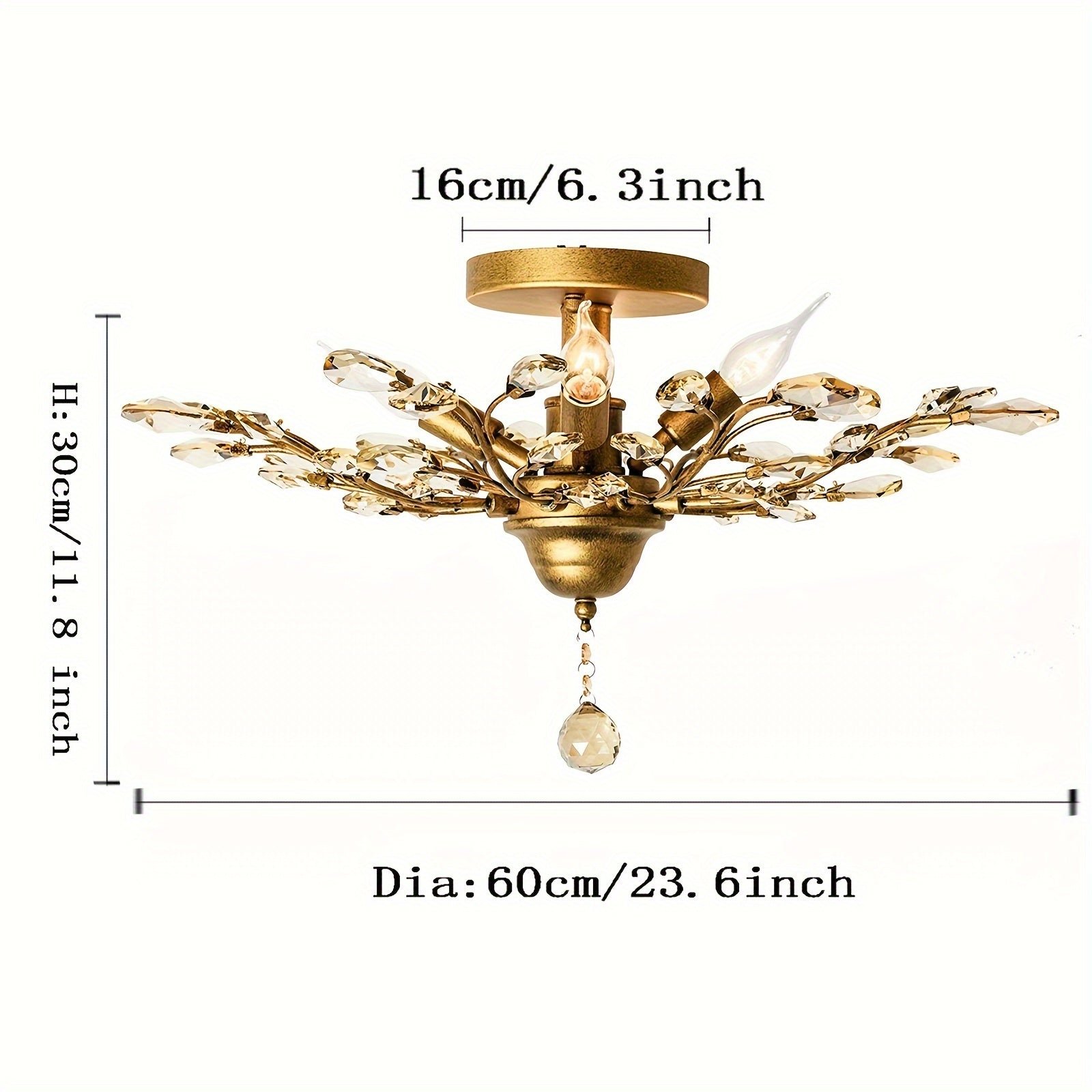 Gold vintage ceiling light fixture with crystal accents and candle-style bulbs, shown with detailed height and width measurements