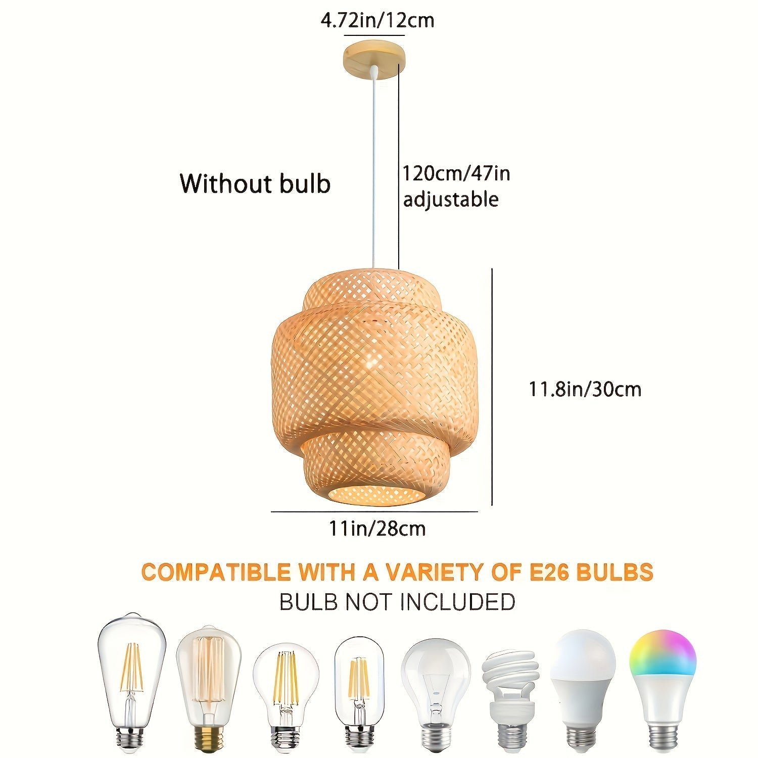 Rattan ceiling light fixture shown without bulb, featuring a woven natural shade, adjustable hanging cord, and compatibility with multiple E26 bulb types