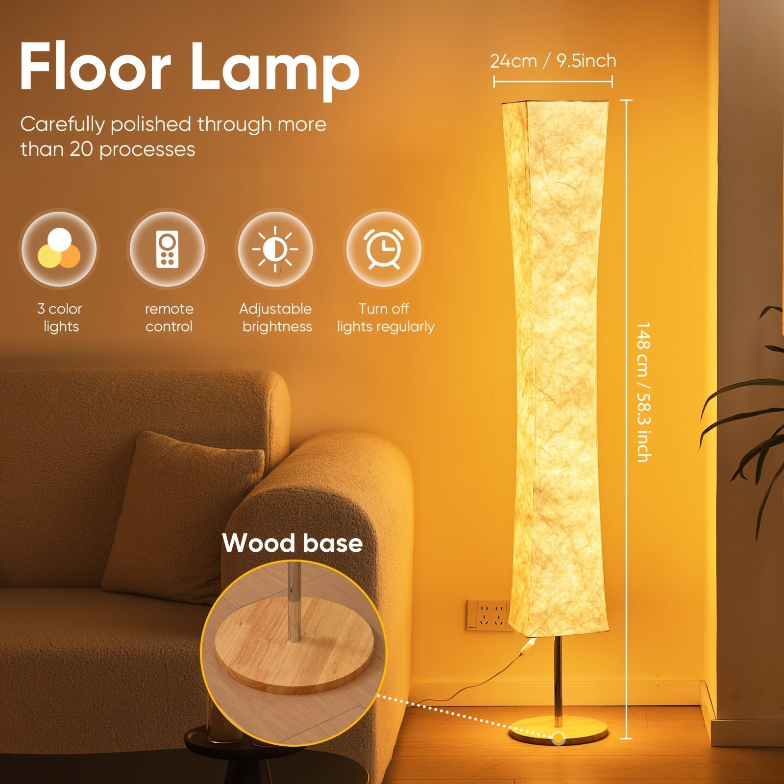 Fabric shade and wood base with floor lamp features like remote control, dimmable light, 3 color modes, and 148 cm height