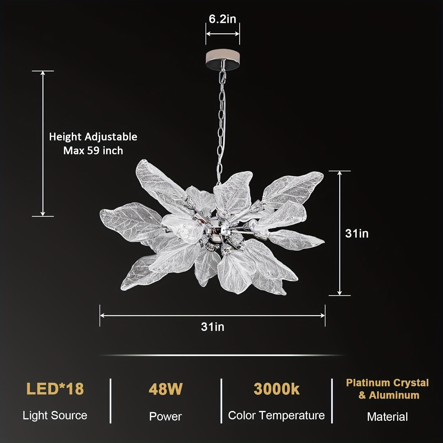 Flower light fixture with platinum crystal leaves and LED bulbs, showing size and adjustable height specifications