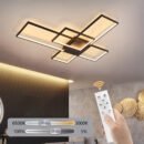 Geometric LED ceiling light with adjustable brightness and color temperature, controlled by remote, installed in a modern bedroom interior