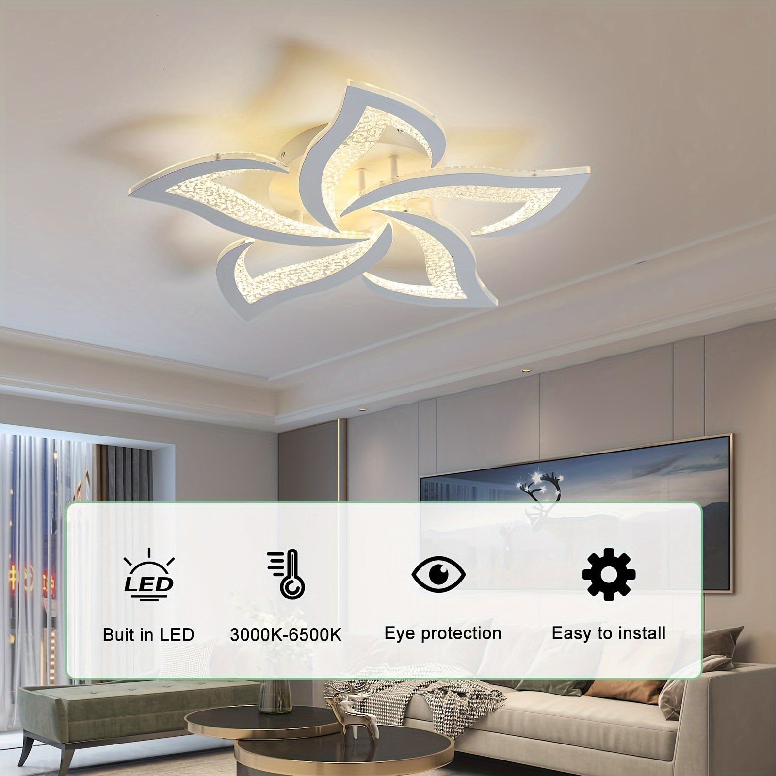 LED ceiling fixture with dimmable color temperature, installed in a stylish living room with neutral decor