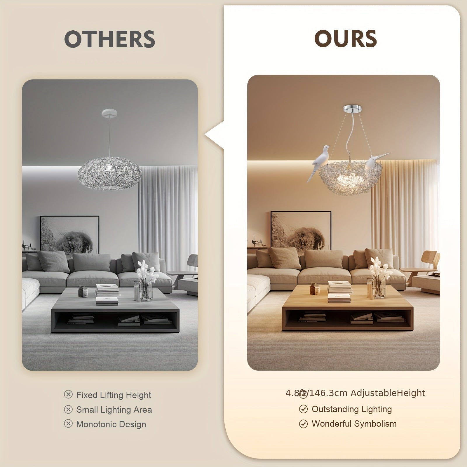 Lighting comparison showing ‘others’ with a basic pendant and ‘ours’ featuring a bird nest-style fixture with adjustable height and warm glow in a modern living room