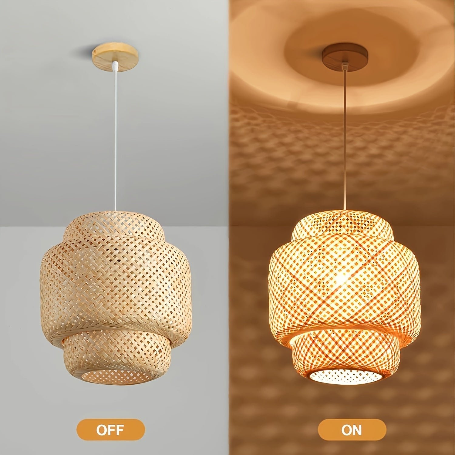 Split-screen of rattan ceiling light off on the left and illuminated on the right, highlighting its woven design and ceiling glow pattern