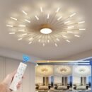 Gold sputnik ceiling light for bedroom with remote-controlled brightness featuring warm white, neutral white and cool white lighting options