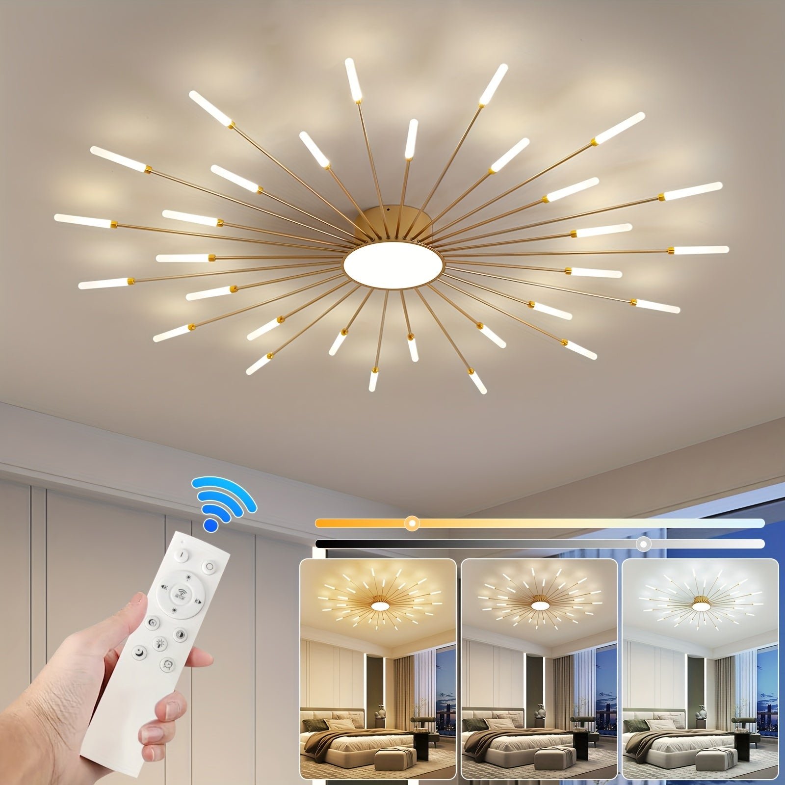 Gold sputnik ceiling light for bedroom with remote-controlled brightness featuring warm white, neutral white and cool white lighting options