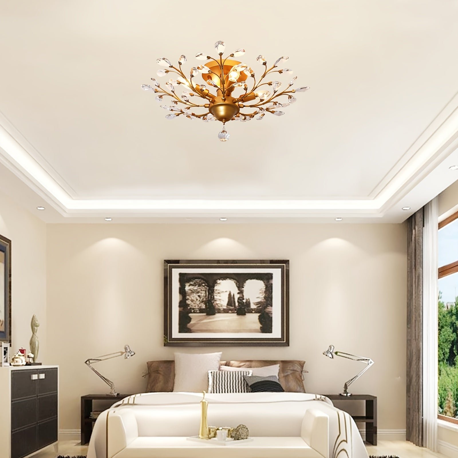 Elegant bedroom with a gold vintage ceiling light fixture featuring crystal accents and floral design, adding charm to a classic interior