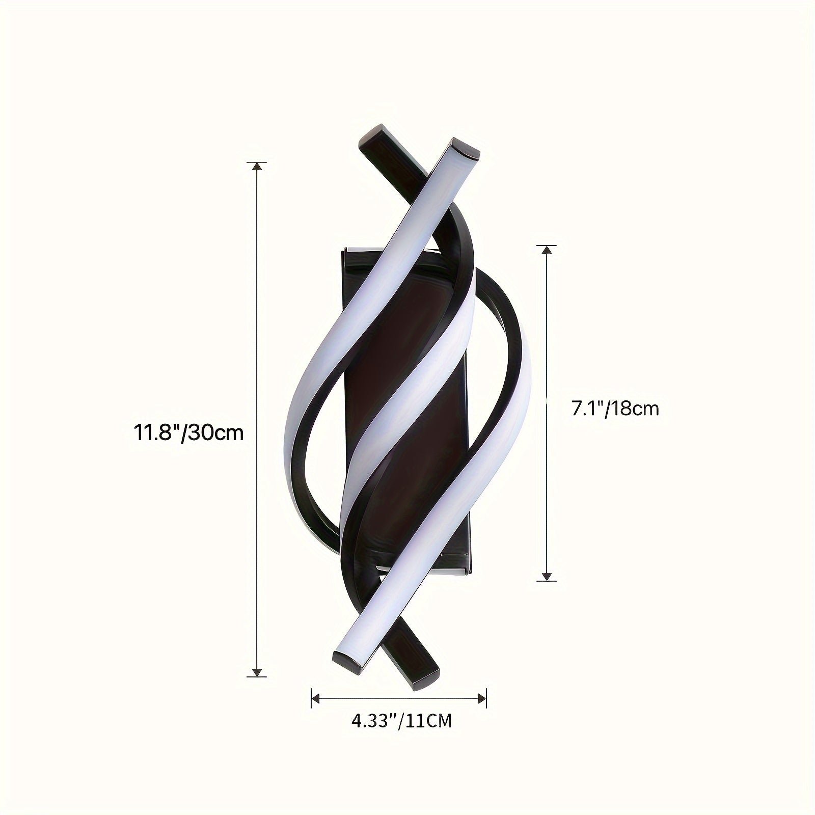 Wall-mounted LED light fixture with a twisted design, shown with full height and width measurements in inches and centimeters