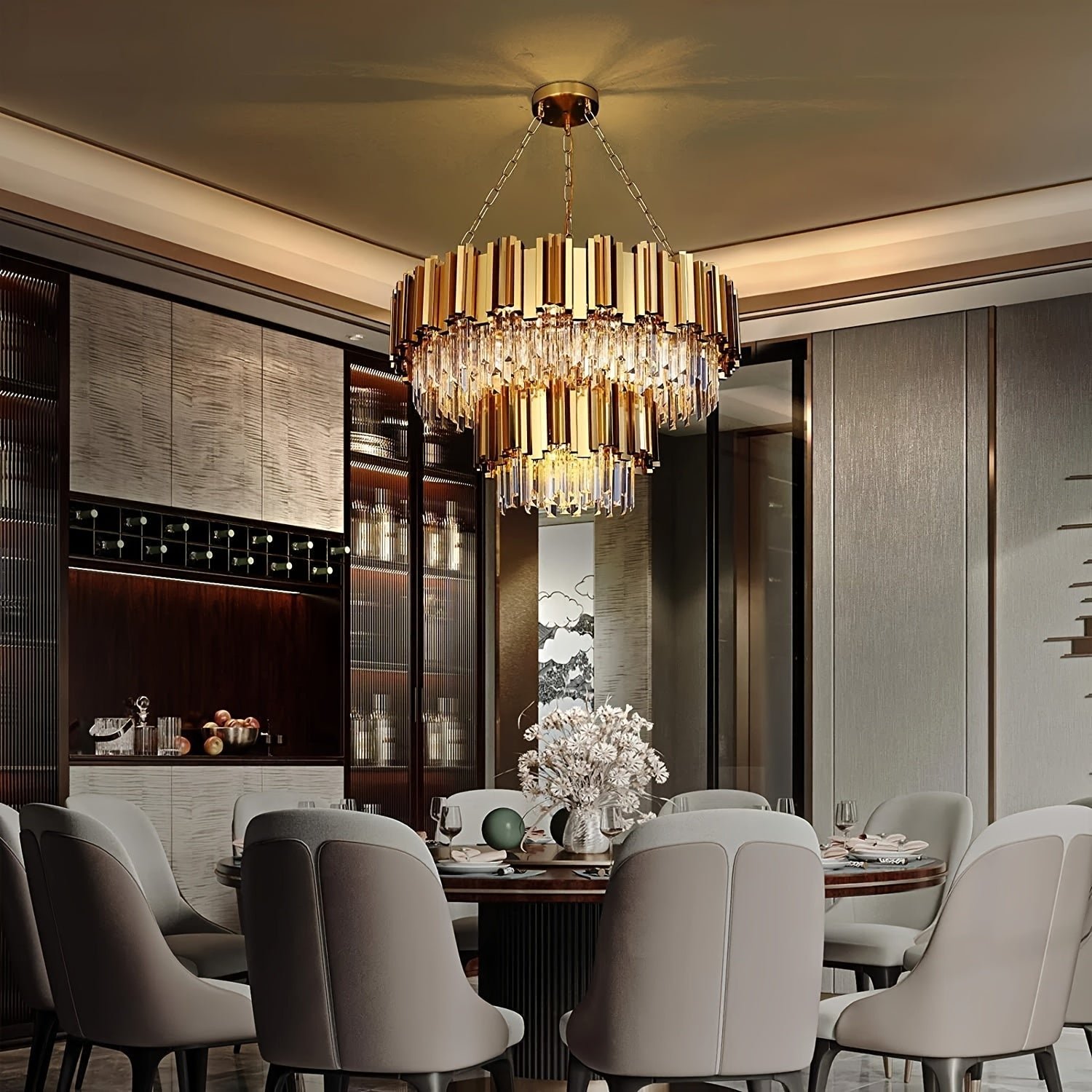 Golden crystal chandelier with 17 lights suspended above a round dining table, adding elegance to a softly lit upscale dining space